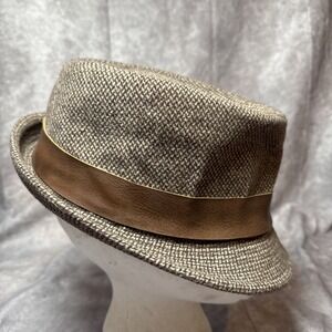 Paulo Solari Men's "Tweed"Hat Fedora Size M/L Tan Brown Wool Blend Leather trim‎
